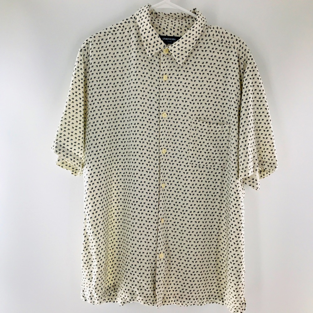 Linea Rosso Signature Cream & Navy Silk Rayon Button Down Shirt